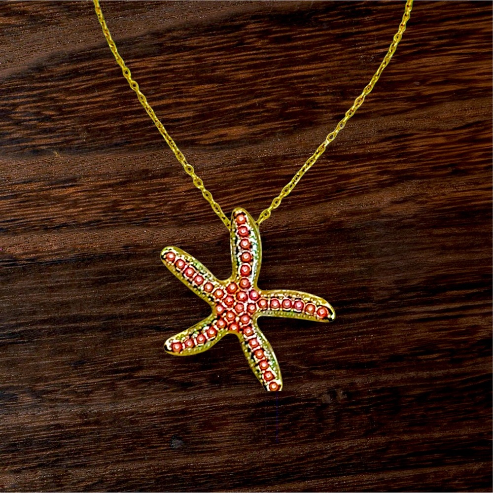 Starfish Pink and Gold Necklace with Pink Faux Pearl  Accents - Picture 4 of 9
